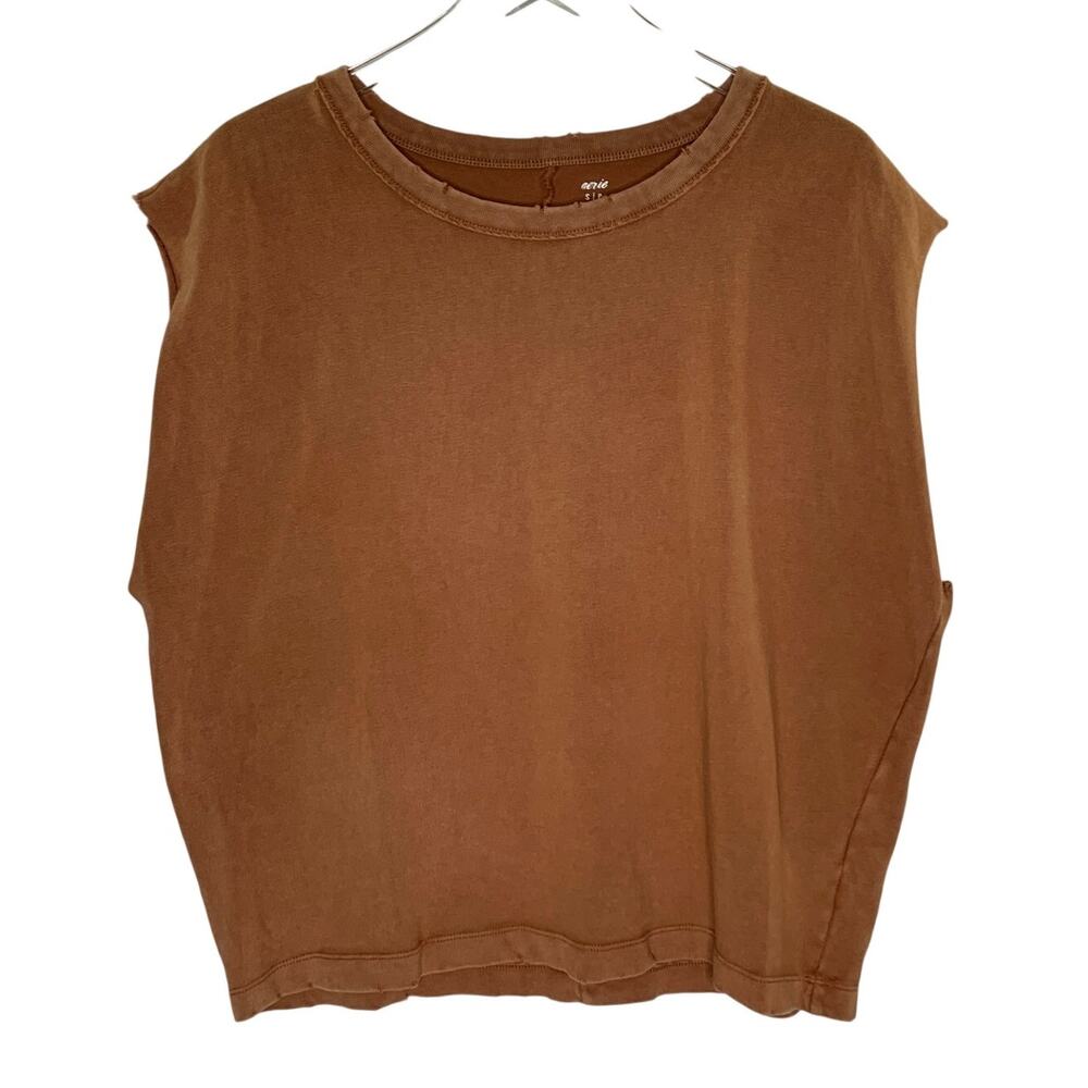 Aerie Oversized Sleeveless Muscle Sweatshirt Top S Brown Relaxed Distressed